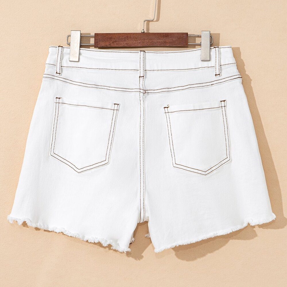 B275 White July of 4th Sequin Star Patched Raw Hem Denim Shorts - Picture 4 of 4